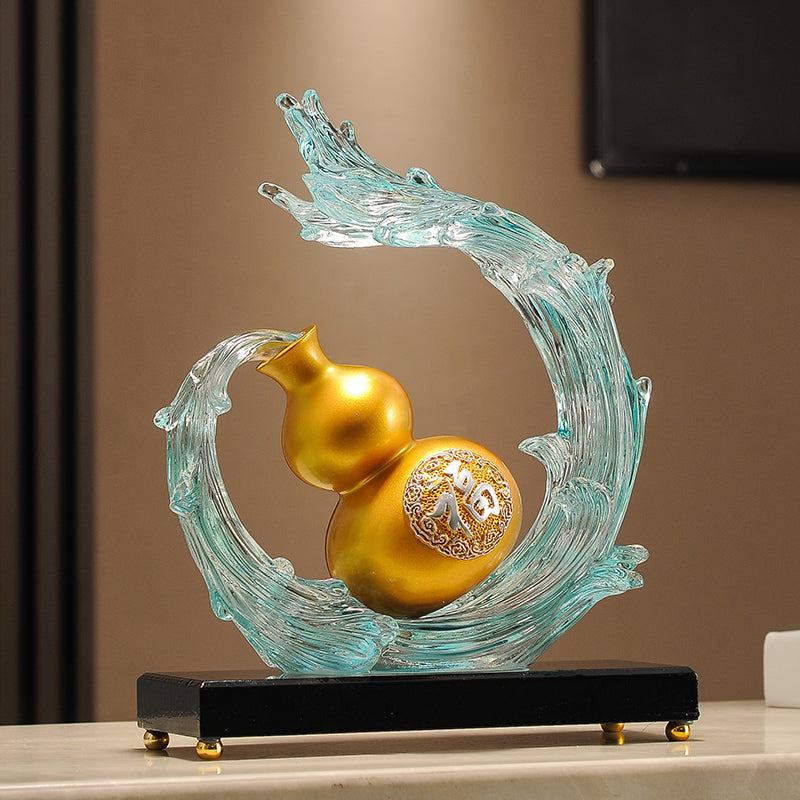 "Rising Fortune" (Shui Qi) Golden Gourd on Wave – Water-Metal Feng Shui Cure for Health & Wealth Flow