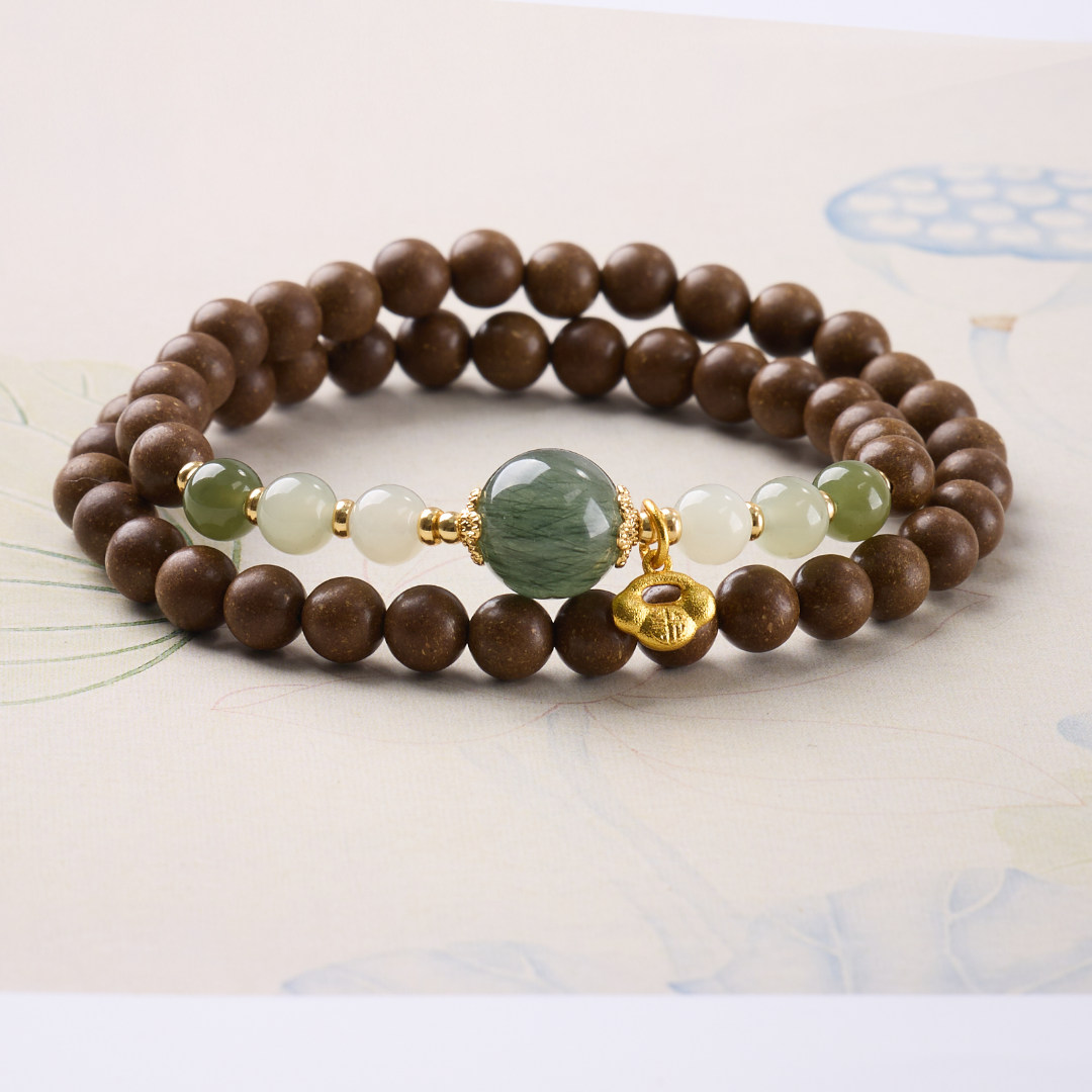 Green Rutilated Quartz Sandalwood Ruyi Bracelet