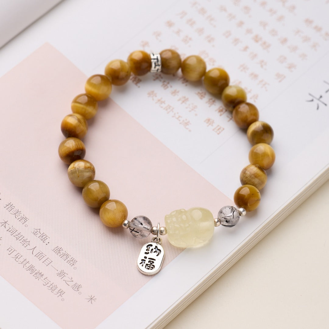 Pulsera Pixiu de Ojo de Tigre Dorado y Cuarzo Limón