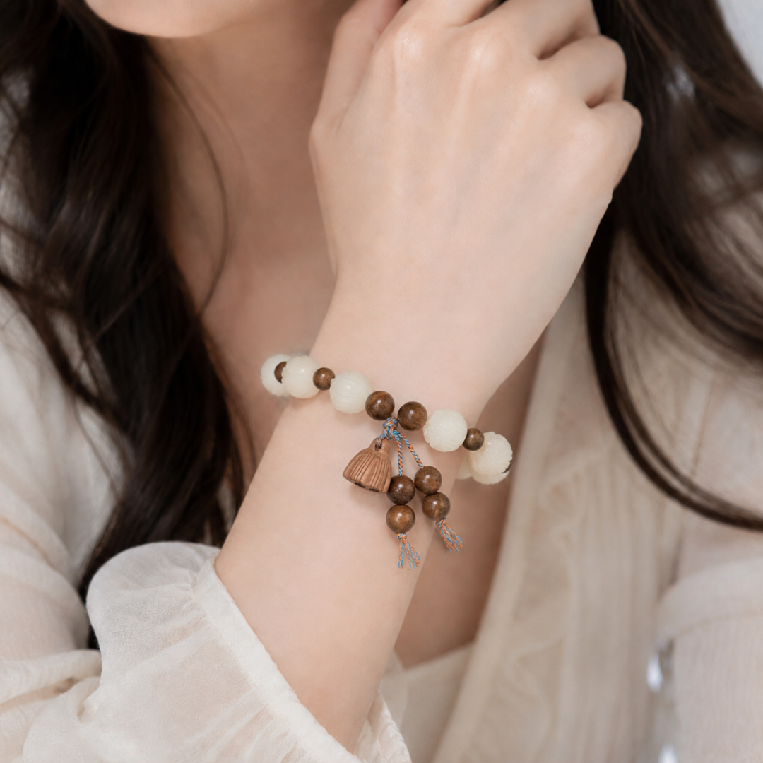 White Jade Bodhi & Lotus Pod Bracelet