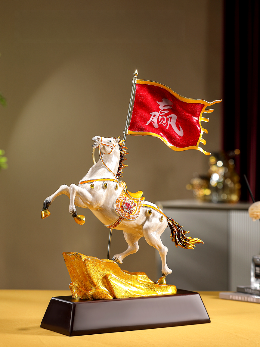 "Flag of Victory" Enamel Horse Statue | "Qi Kai De Sheng" Feng Shui Ornament for Business Success | Luxury Cloisonné Style with "Win" Flag