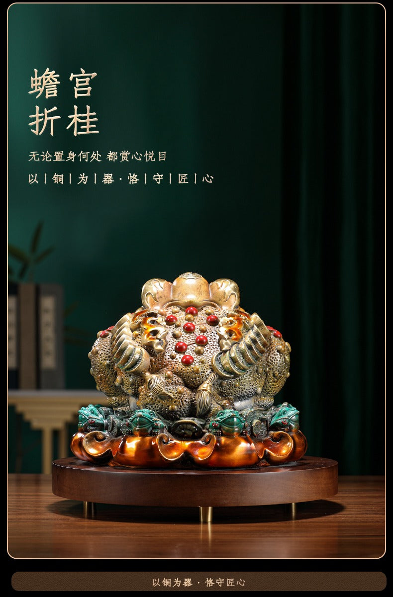 Luxury Brass Money Toad Statue | "Eight Directions" Wealth Gathering Jin Chan | Handmade Copper Feng Shui Ornament for Office & Home