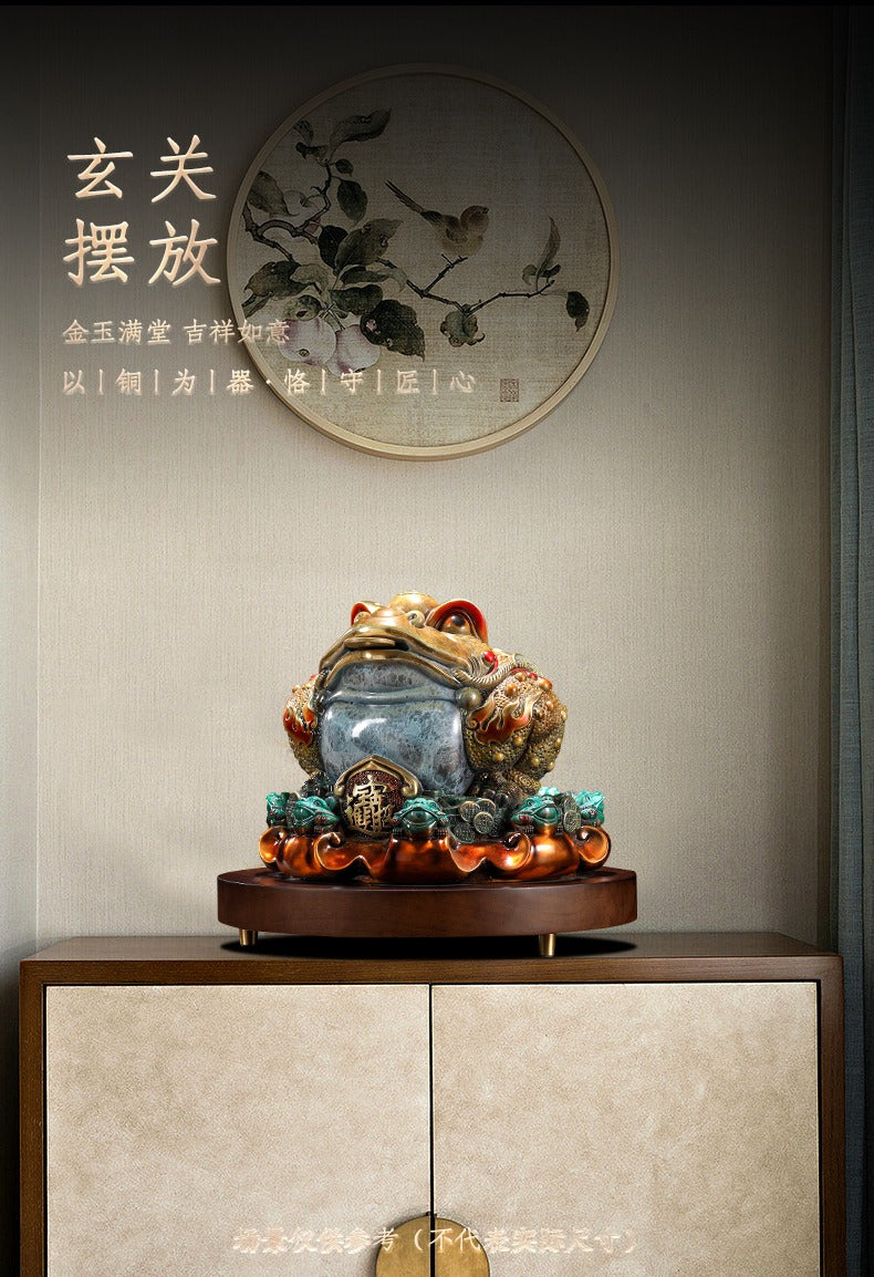 Luxury Brass Money Toad Statue | "Eight Directions" Wealth Gathering Jin Chan | Handmade Copper Feng Shui Ornament for Office & Home