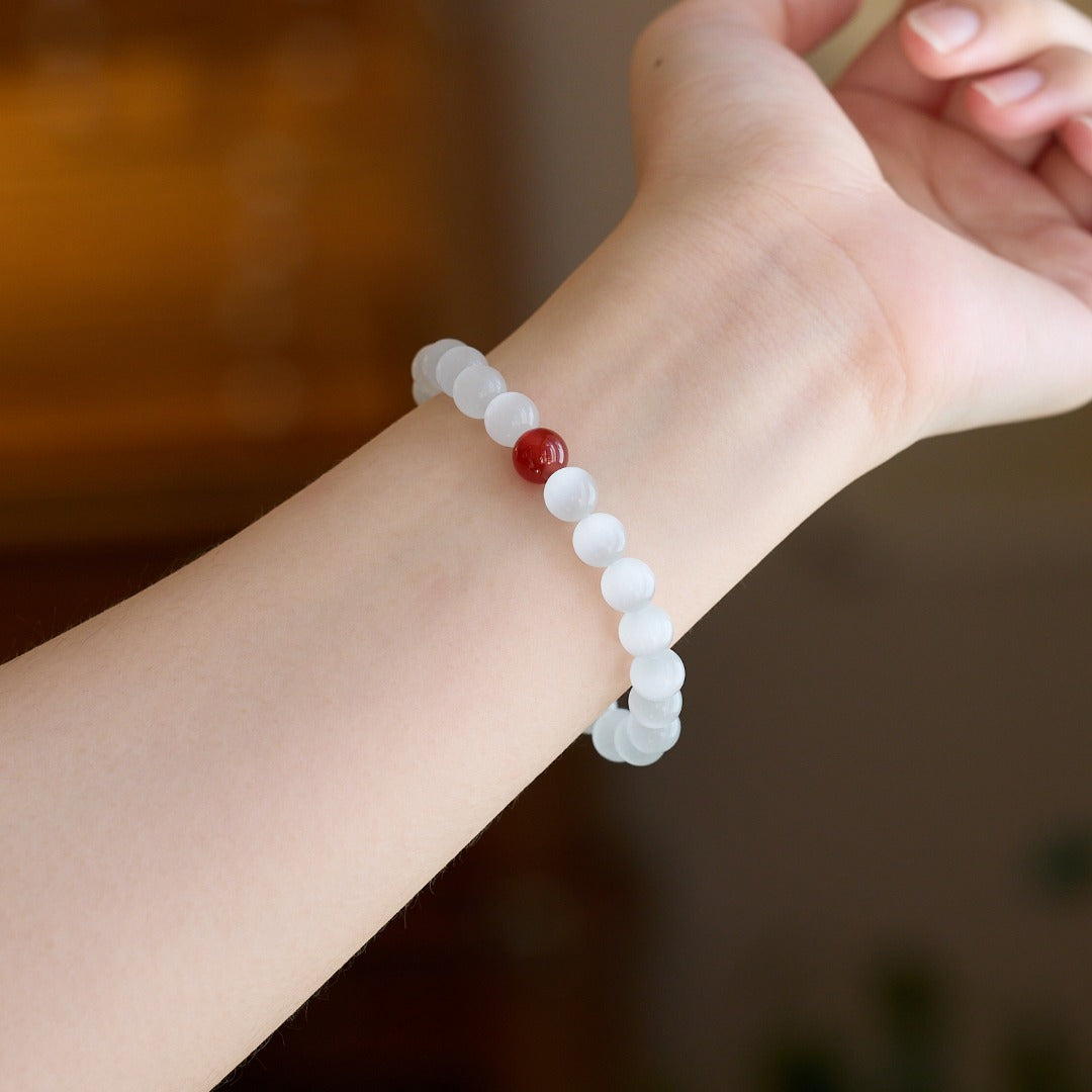 White Cat Eye & Red Agate Good Luck Bracelet