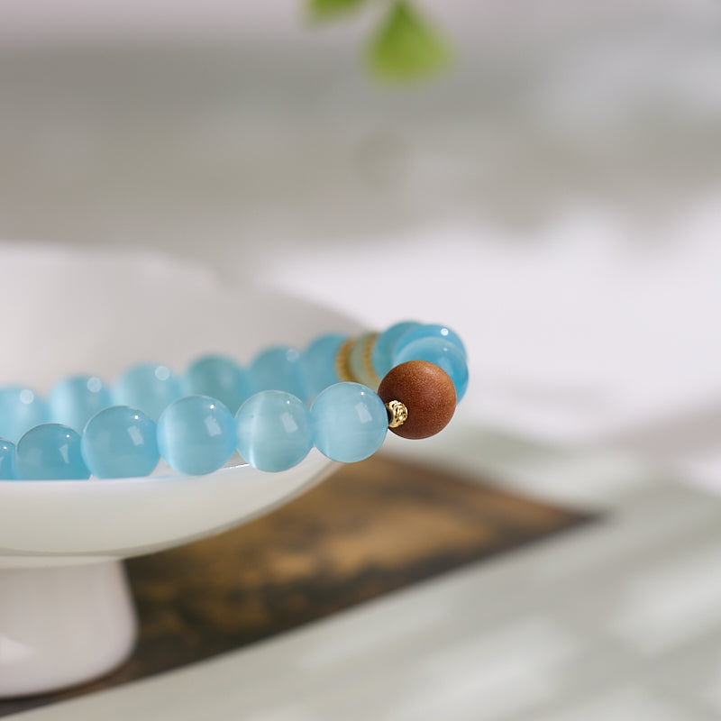 Ice Blue Cat's Eye & Sandalwood Wisdom Bracelet