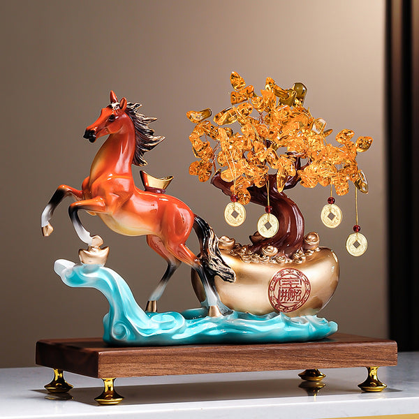 Endless Abundance (Money Tree Horse) Resin Statue – Water-Wood-Fire Cycle for Business Growth & Wealth