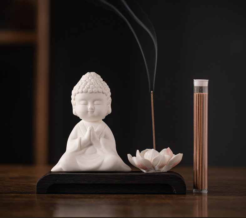Zen Little Buddha Incense Burner - White Porcelain Feng Shui Decor