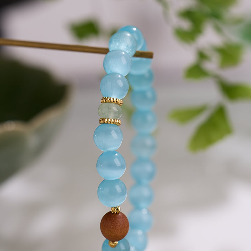 Ice Blue Cat's Eye & Sandalwood Wisdom Bracelet