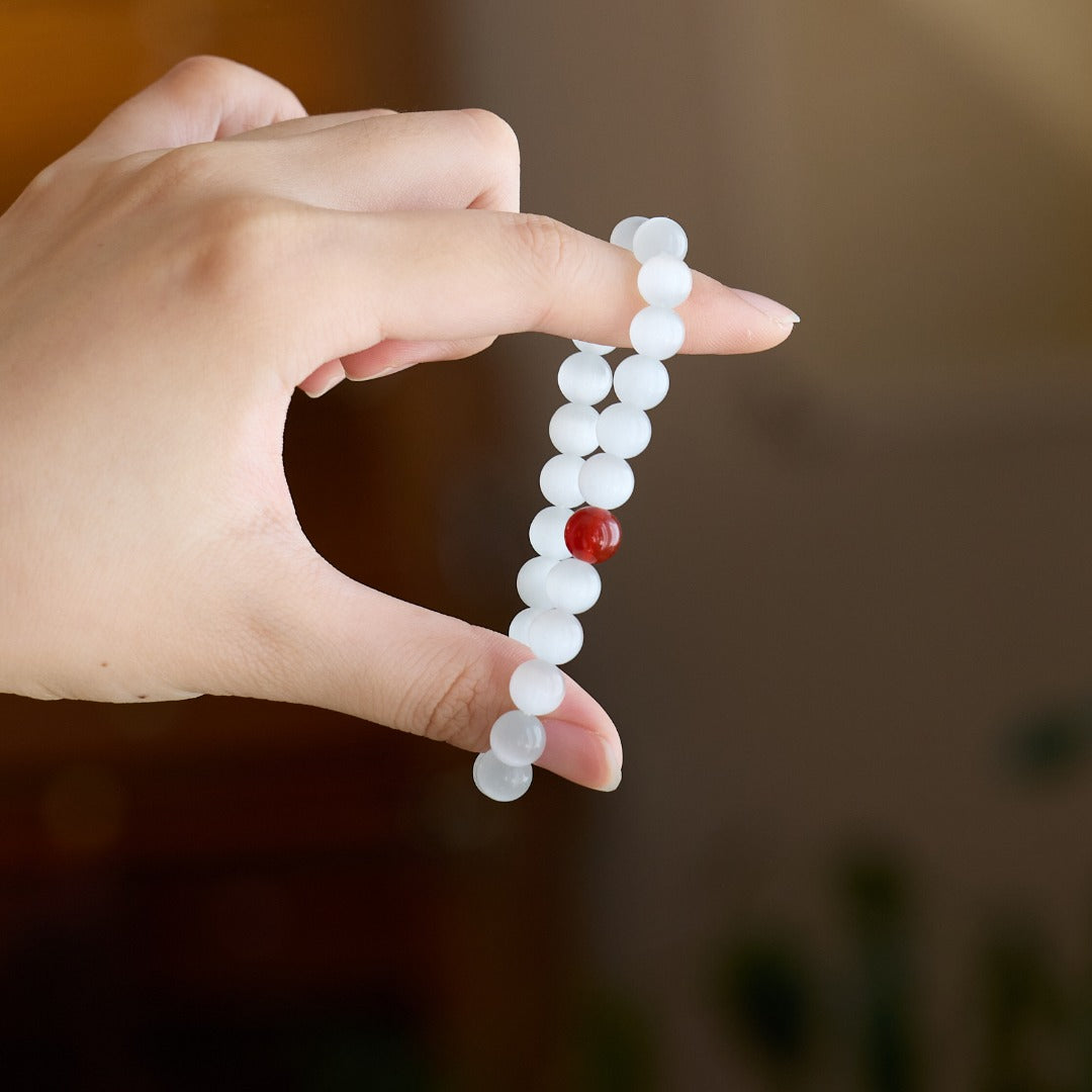 White Cat Eye & Red Agate Good Luck Bracelet