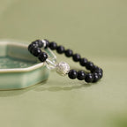 Pulsera Zen Dragón Negro Ámbar y Bambú Plateado