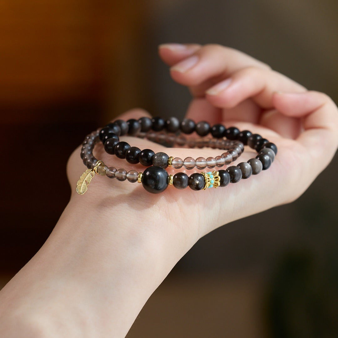 Silver Sheen Obsidian & Rauchquarz Federarmband