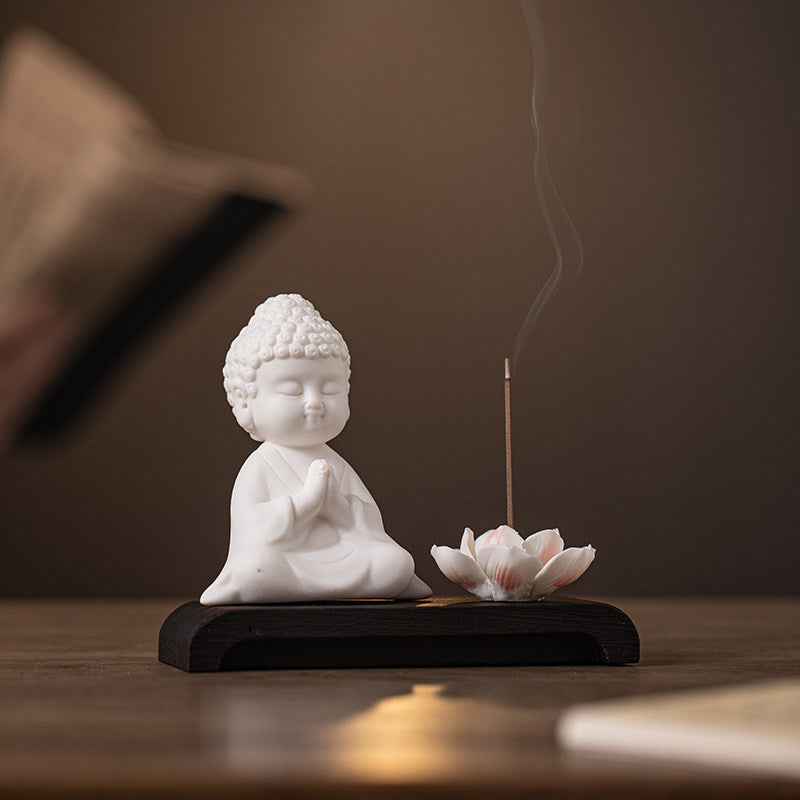 Zen Little Buddha White Porcelain Incense Set