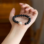 Pulsera Zen Dragón Negro Ámbar y Bambú Plateado