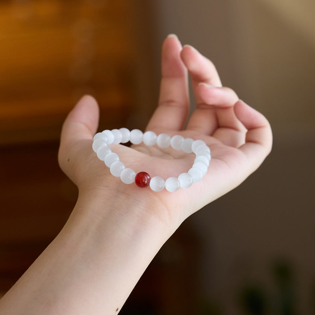 White Cat Eye & Red Agate Good Luck Bracelet