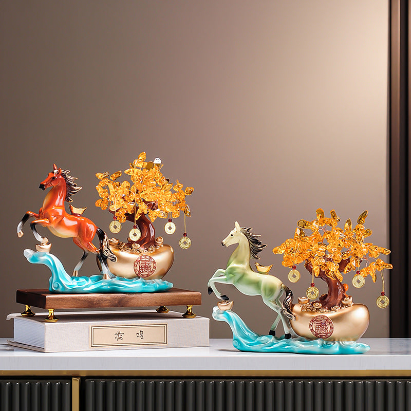 Endless Abundance (Money Tree Horse) Resin Statue – Water-Wood-Fire Cycle for Business Growth & Wealth