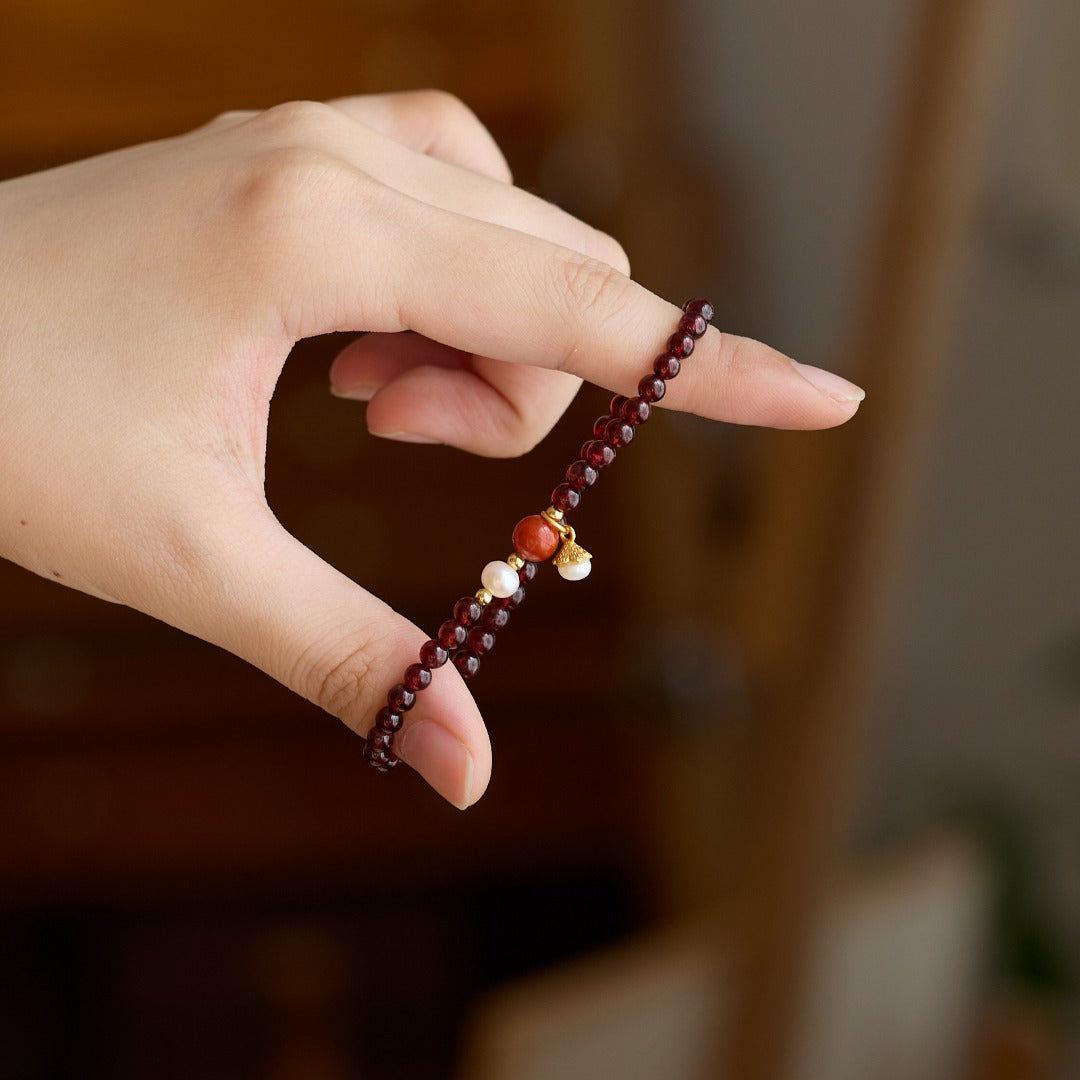 Crimson Garnet & Nanhong Agate Dainty Bracelet