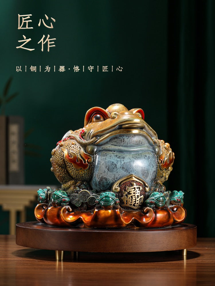 Luxury Brass Money Toad Statue | "Eight Directions" Wealth Gathering Jin Chan | Handmade Copper Feng Shui Ornament for Office & Home