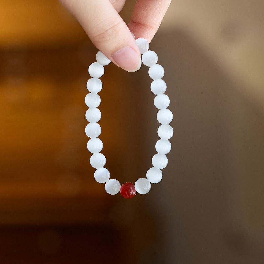 White Cat Eye & Red Agate Good Luck Bracelet