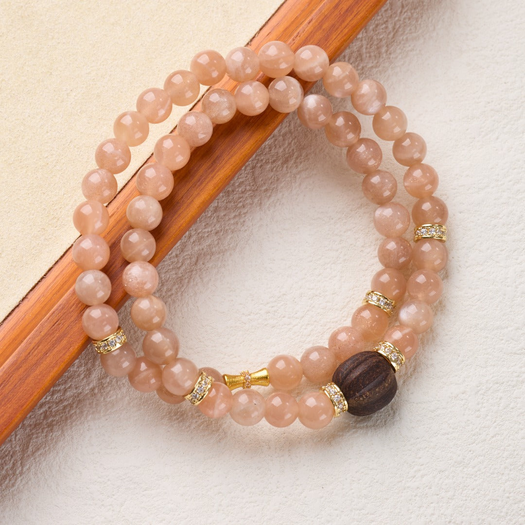 Bracelet Citrouille en Pierre de Soleil Dorée & Bois de Santal