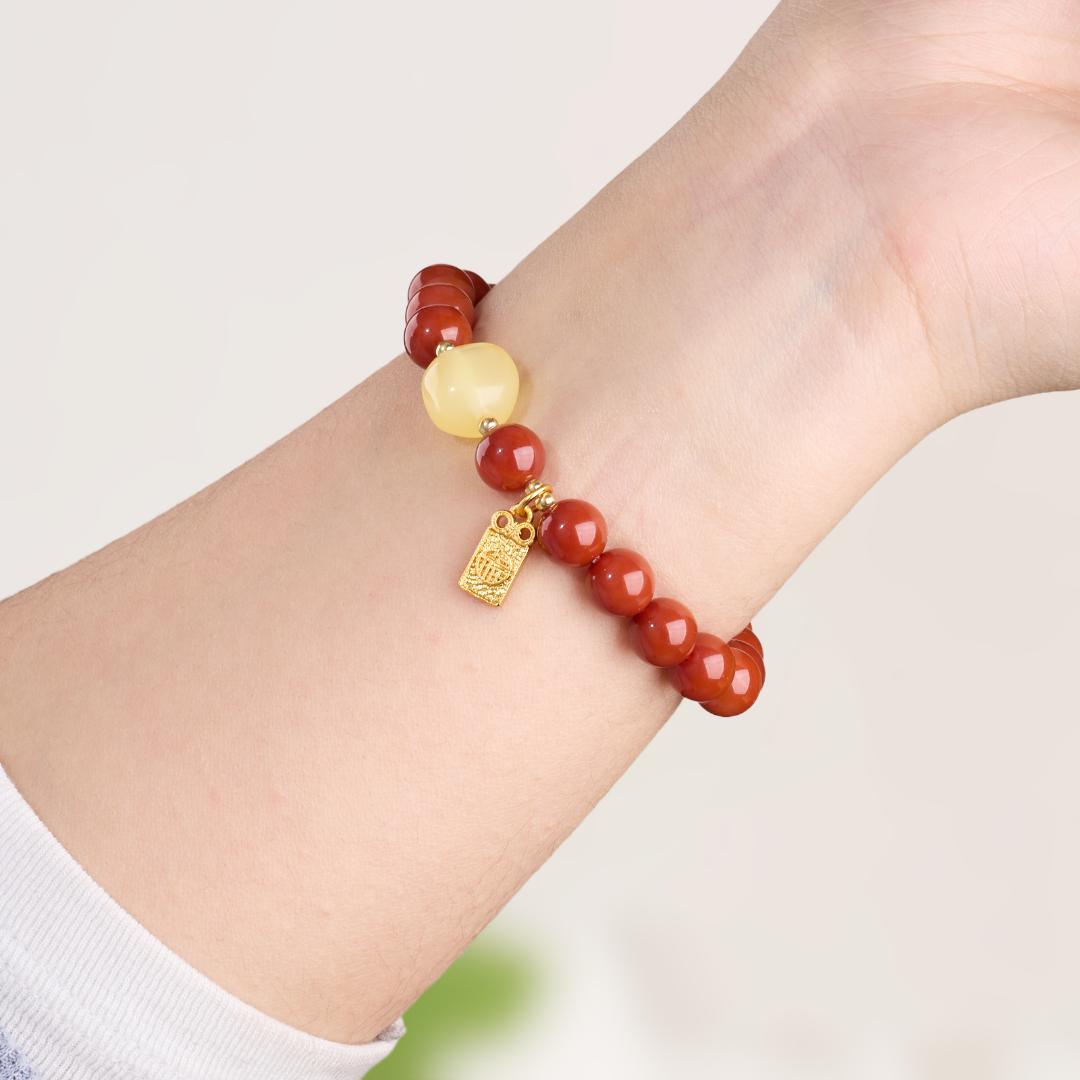 Bracelet Porte-bonheur en Agate Rouge du Sud & Ambre