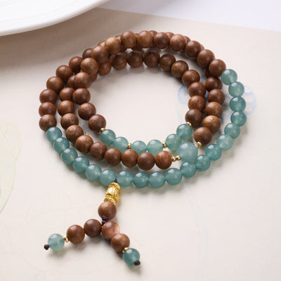 Blue Chalcedony & Wood 108-Bead Zen Bracelet