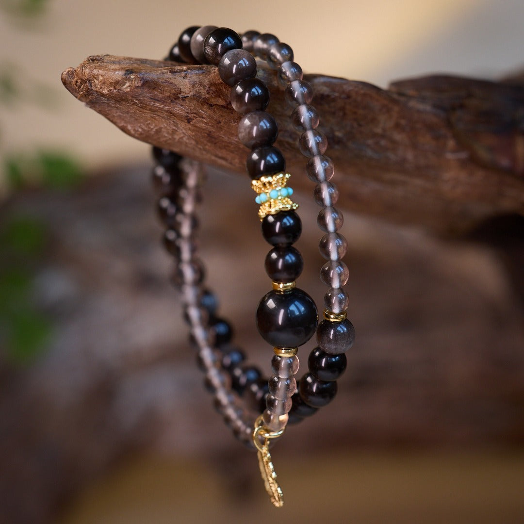 Silver Sheen Obsidian & Rauchquarz Federarmband