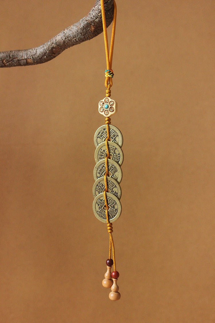 Feng Shui Brass Gourd & Five Emperor Coins Hanging Ornament | Openable Wu Lou with Boxwood Lotus & Bagua for Wealth & Protection