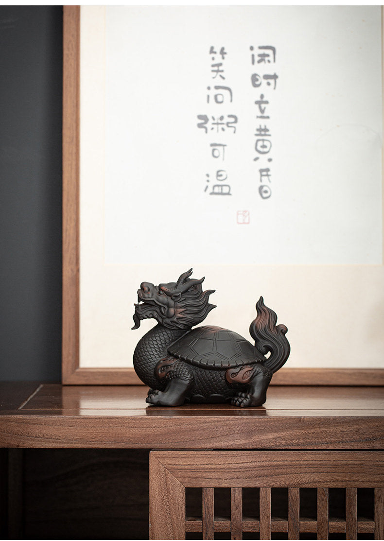 Obsidian Black Pottery Dragon Turtle Guardian