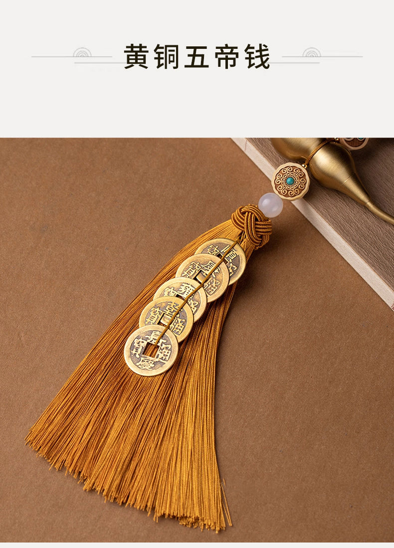 Feng Shui Brass Gourd & Five Emperor Coins Hanging Ornament | Openable Wu Lou with Boxwood Lotus & Bagua for Wealth & Protection