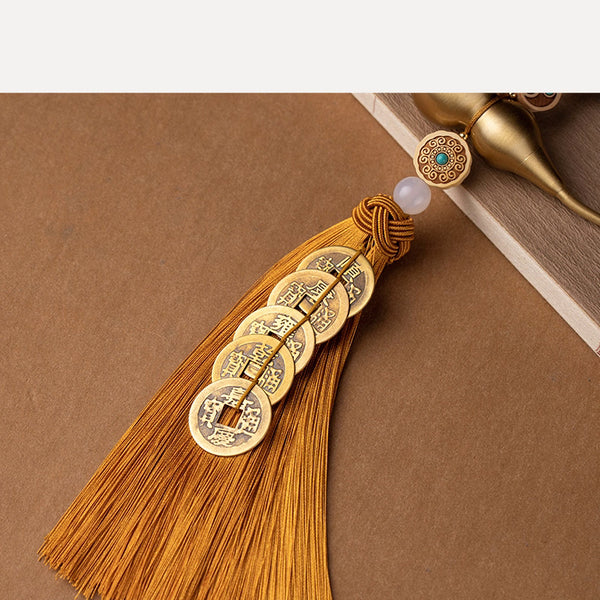 Feng Shui Brass Gourd & Five Emperor Coins Hanging Ornament | Openable Wu Lou with Boxwood Lotus & Bagua for Wealth & Protection