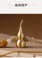 Feng Shui Brass Gourd & Five Emperor Coins Hanging Ornament | Openable Wu Lou with Boxwood Lotus & Bagua for Wealth & Protection