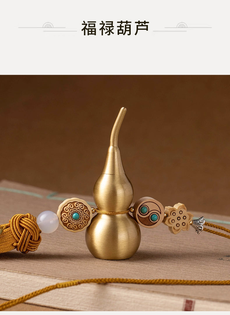 Feng Shui Brass Gourd & Five Emperor Coins Hanging Ornament | Openable Wu Lou with Boxwood Lotus & Bagua for Wealth & Protection