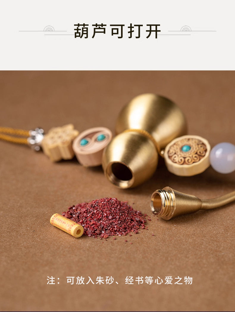 Feng Shui Brass Gourd & Five Emperor Coins Hanging Ornament | Openable Wu Lou with Boxwood Lotus & Bagua for Wealth & Protection