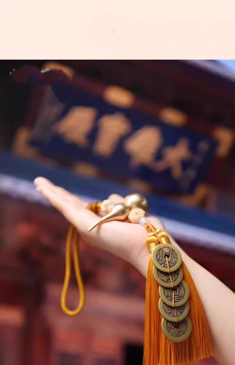 Feng Shui Brass Gourd & Five Emperor Coins Hanging Ornament | Openable Wu Lou with Boxwood Lotus & Bagua for Wealth & Protection