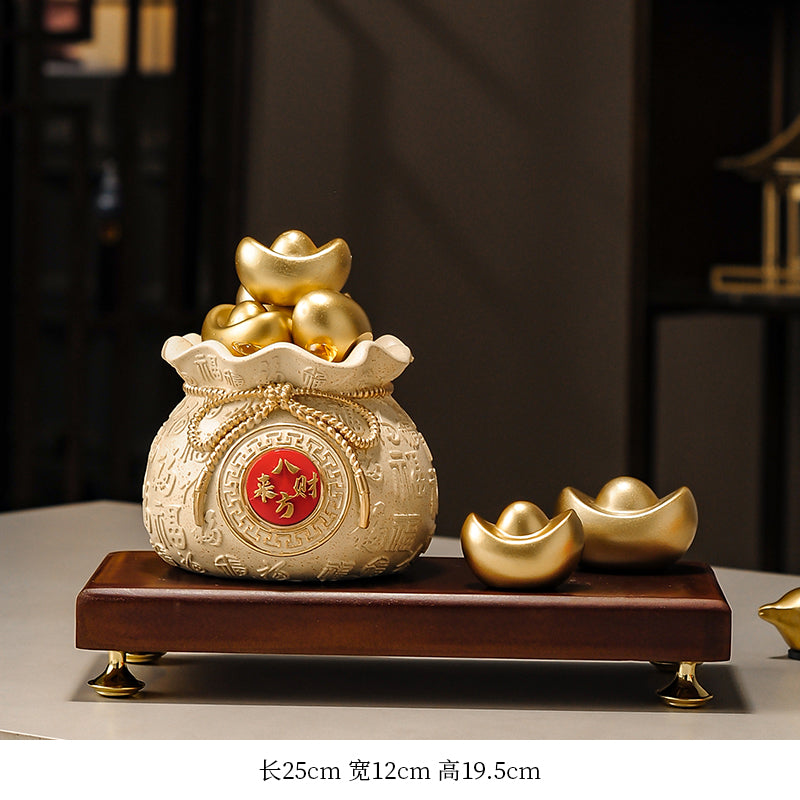 "Wealth from All Directions" (Ba Fang Lai Cai) Golden Money Bag Statue – Earth-Metal Feng Shui Cure for Asset Accumulation