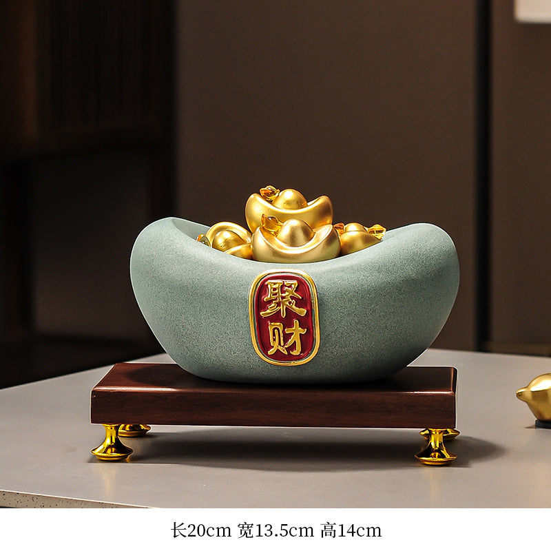 "Wealth from All Directions" (Ba Fang Lai Cai) Golden Money Bag Statue – Earth-Metal Feng Shui Cure for Asset Accumulation