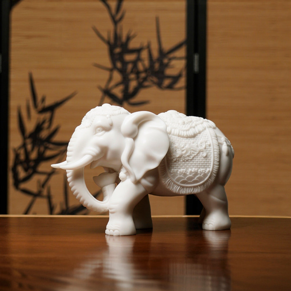 "Gather & Guard" White Marble Elephant Pair