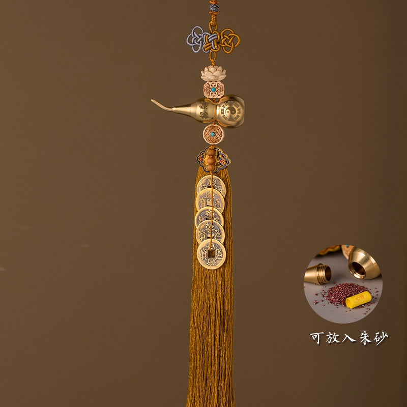 Feng Shui Brass Gourd & Five Emperor Coins Hanging Ornament | Openable Wu Lou with Boxwood Lotus & Bagua for Wealth & Protection