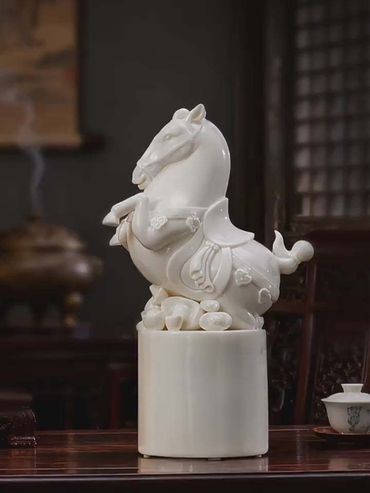 "Immediate Wealth" (Ma Shang) Porcelain Horse Statue – Feng Shui Cure for Fast Career Growth & Prosperity