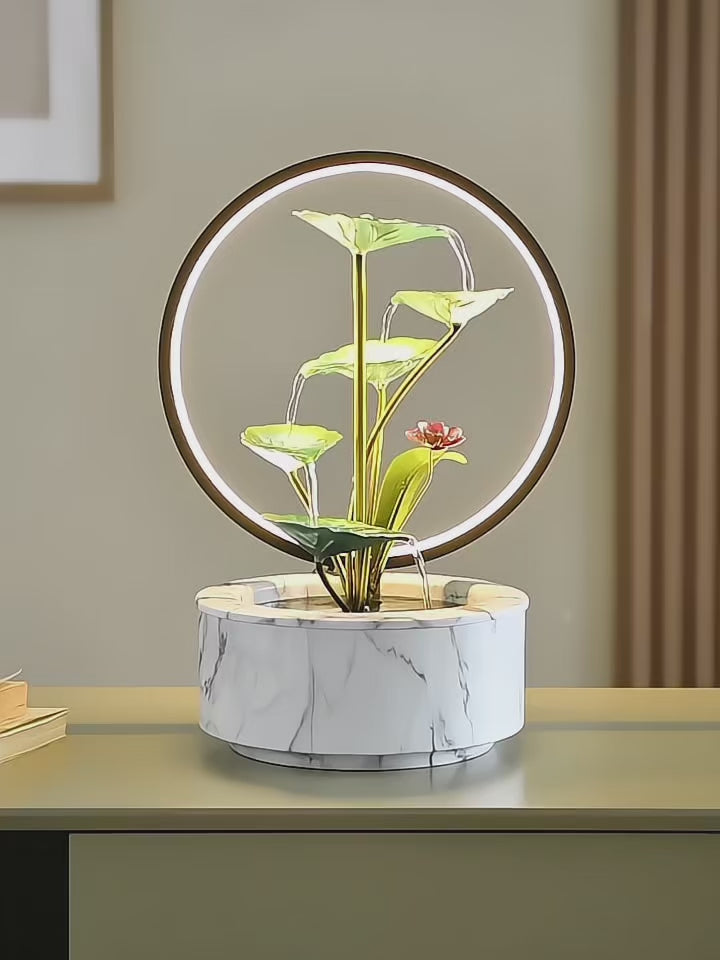 Fontaine en Cascade Zen Lotus avec Lumière Halo LED | Élément d'Eau Feng Shui Moderne pour Harmonie, Pureté & Prospérité