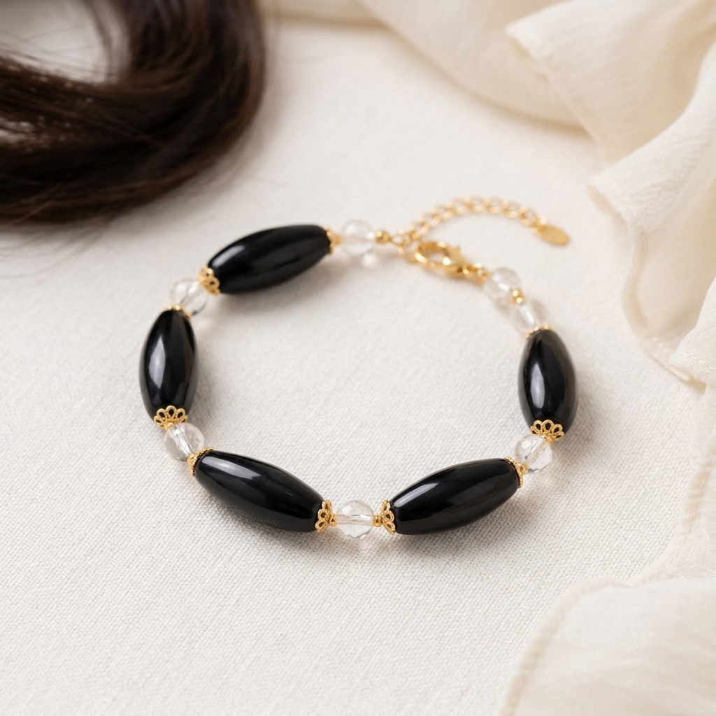 Silver Obsidian Petal Bead & Crystal Bracelet