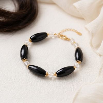 Silver Obsidian Petal Bead & Crystal Bracelet