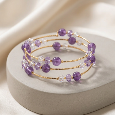 Amethyst & Crushed Ice Curved Tube Triple-Wrap Bracelet
