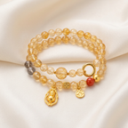 Yellow Citrine & Tiger's Eye Double-Wrap Bracelet with Spinning Gourd