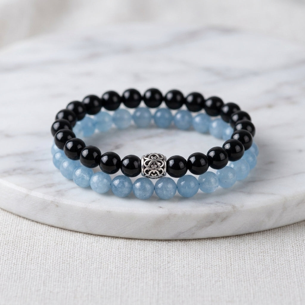 Black Obsidian & Blue Chalcedony Double-Wrap Bracelet