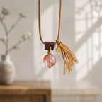 Red Flower Bead & Leather Cord Tassel Pendant Necklace