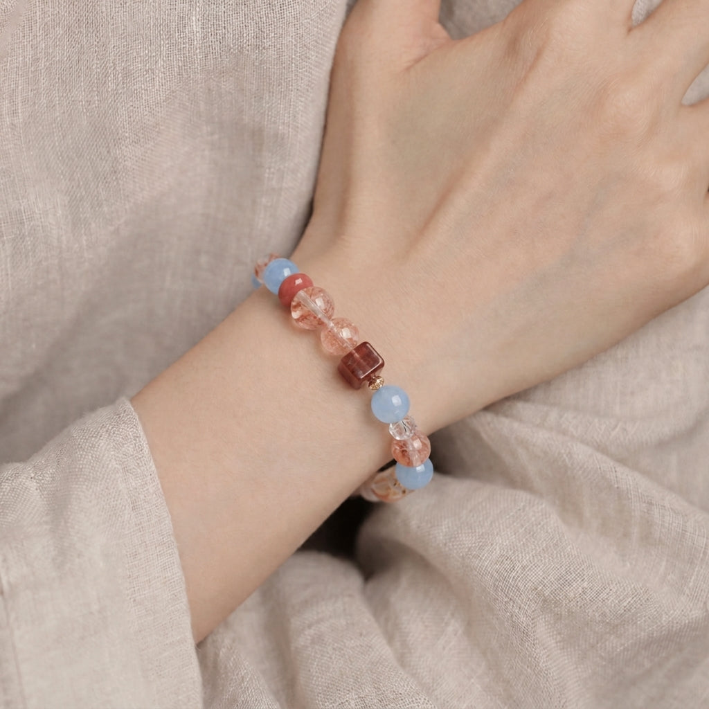 Blue Jade & Red Rutilated Quartz Peace Bracelet