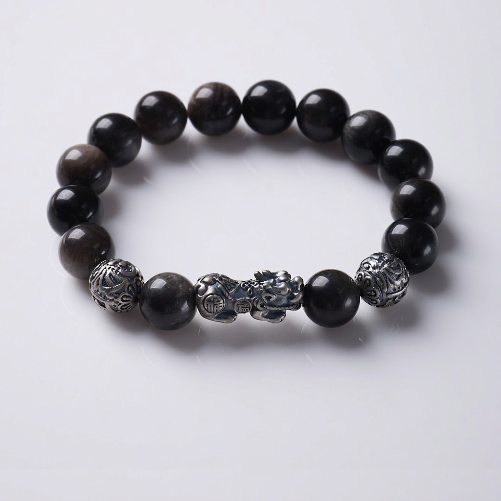 Silver Sheen Obsidian & Pixiu & Tibetan Silver Mantra Bracelet