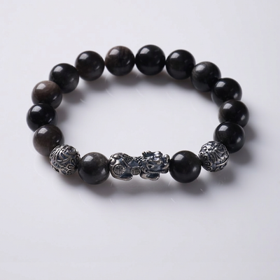 Silver Sheen Obsidian & Pixiu & Tibetan Silver Mantra Bracelet