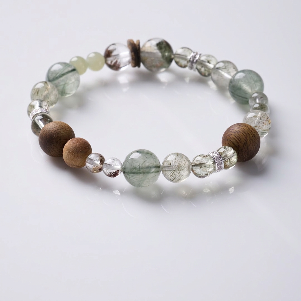 Green Rutilated Quartz & Phantom Quartz & Agarwood Bracelet